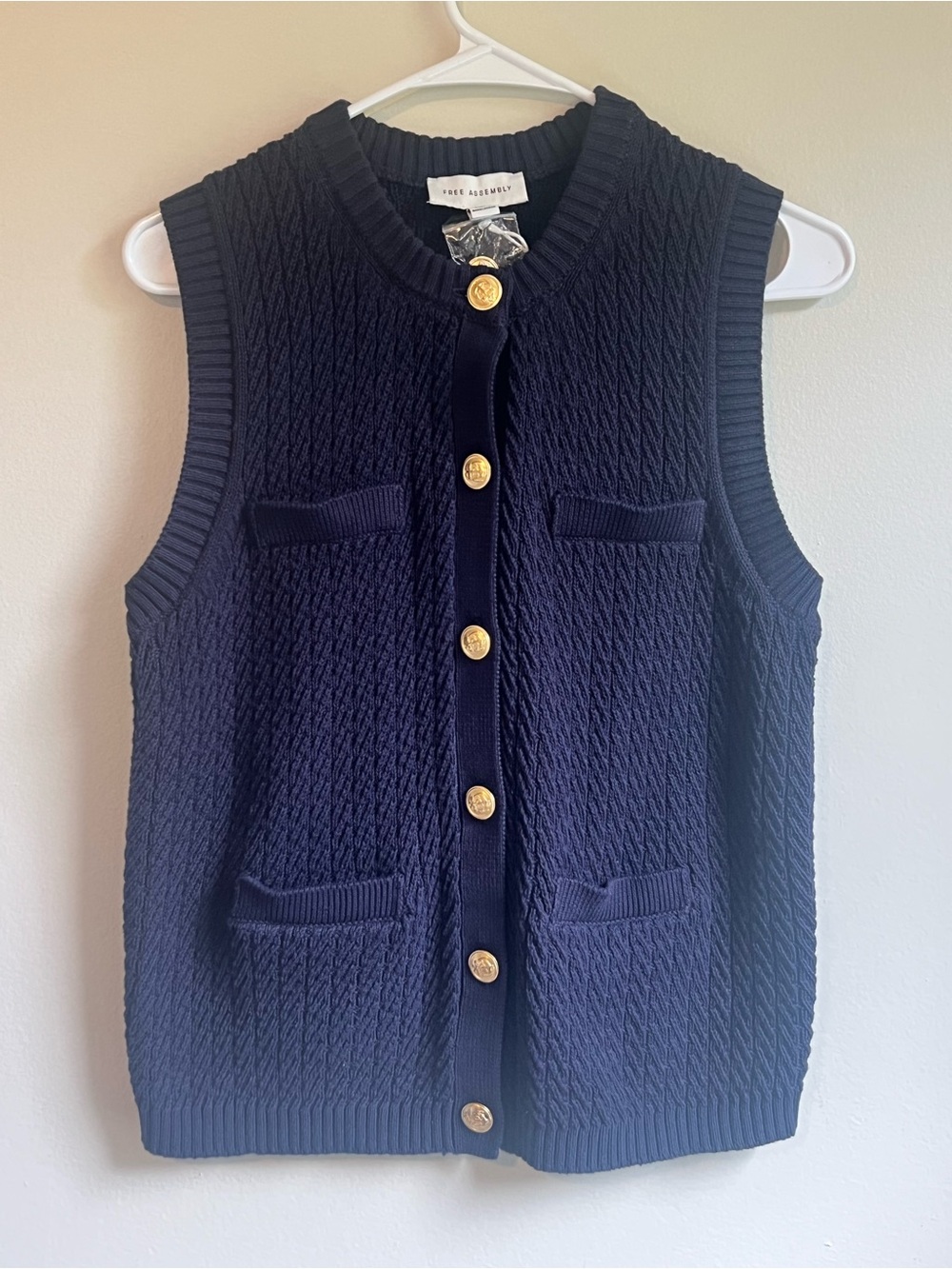 Navy Sleeveless Knit Cardigan with Gold Buttons